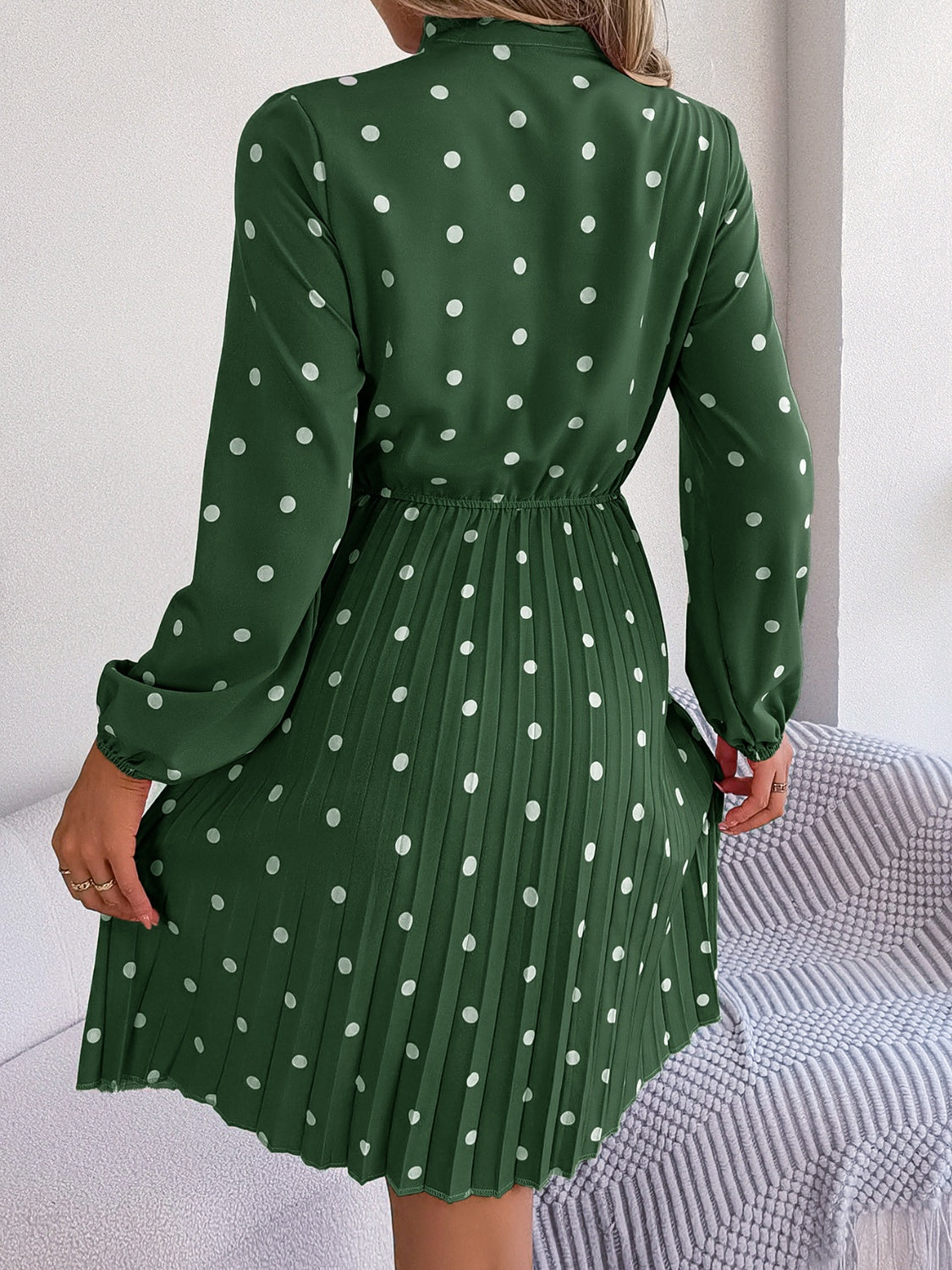 Polka Dot Tie Neck Pleated Dress - Siennasass