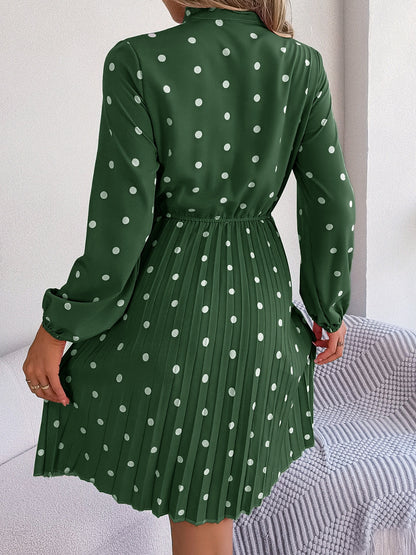 Polka Dot Tie Neck Pleated Dress - Siennasass