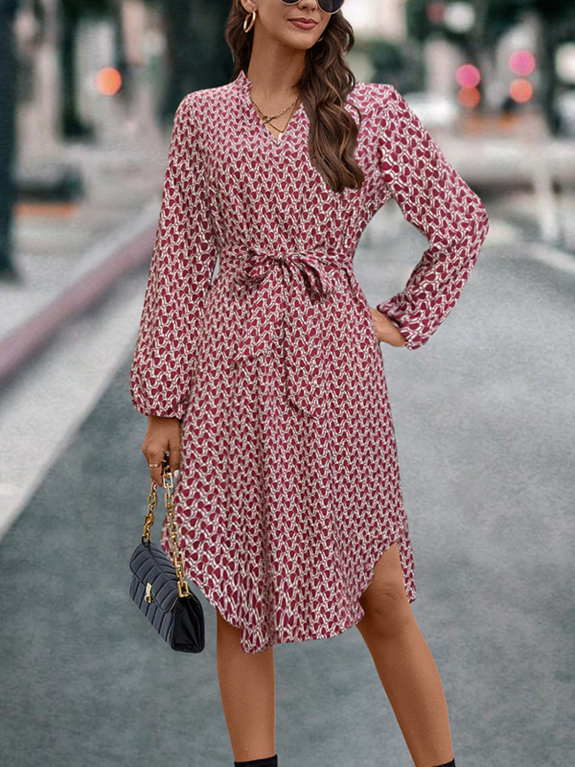 Tied Printed Notched Balloon Sleeve Dress - Siennasass