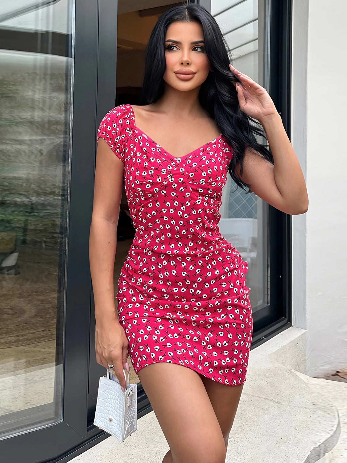 Printed V-Neck Short Sleeve Mini Dress - Siennasass