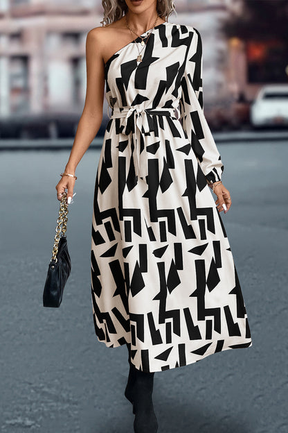 Printed One-Shoulder Tie Waist Dress - Siennasass