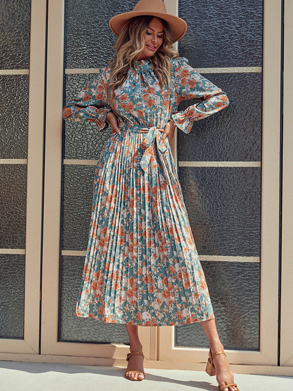 Perfee Tied Pleated Printed Mock Neck Long Sleeve Dress - Siennasass