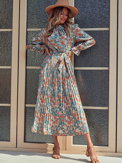 Perfee Tied Pleated Printed Mock Neck Long Sleeve Dress - Siennasass