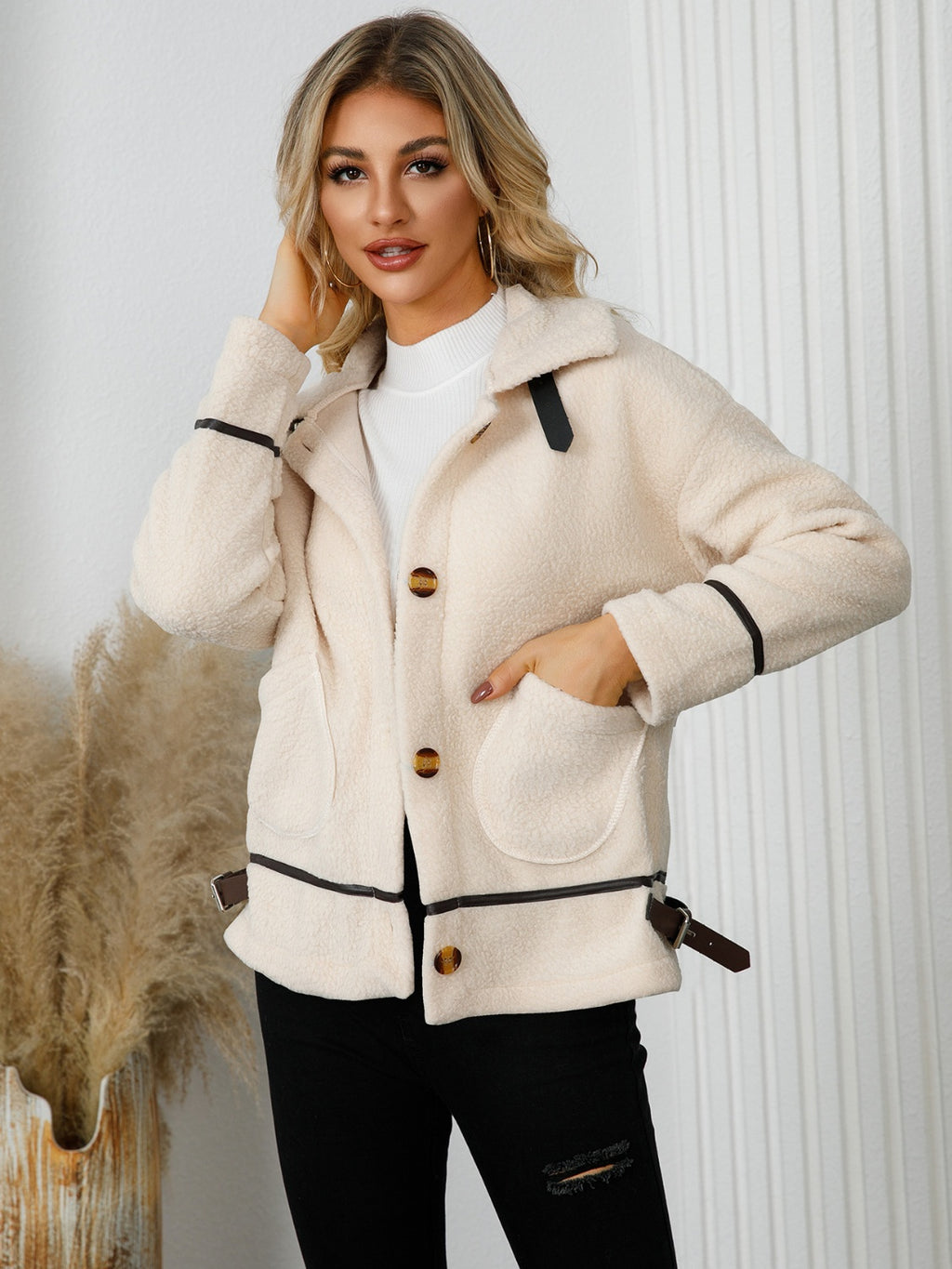 Pocketed Button Down Collared Neck Jacket - Siennasass