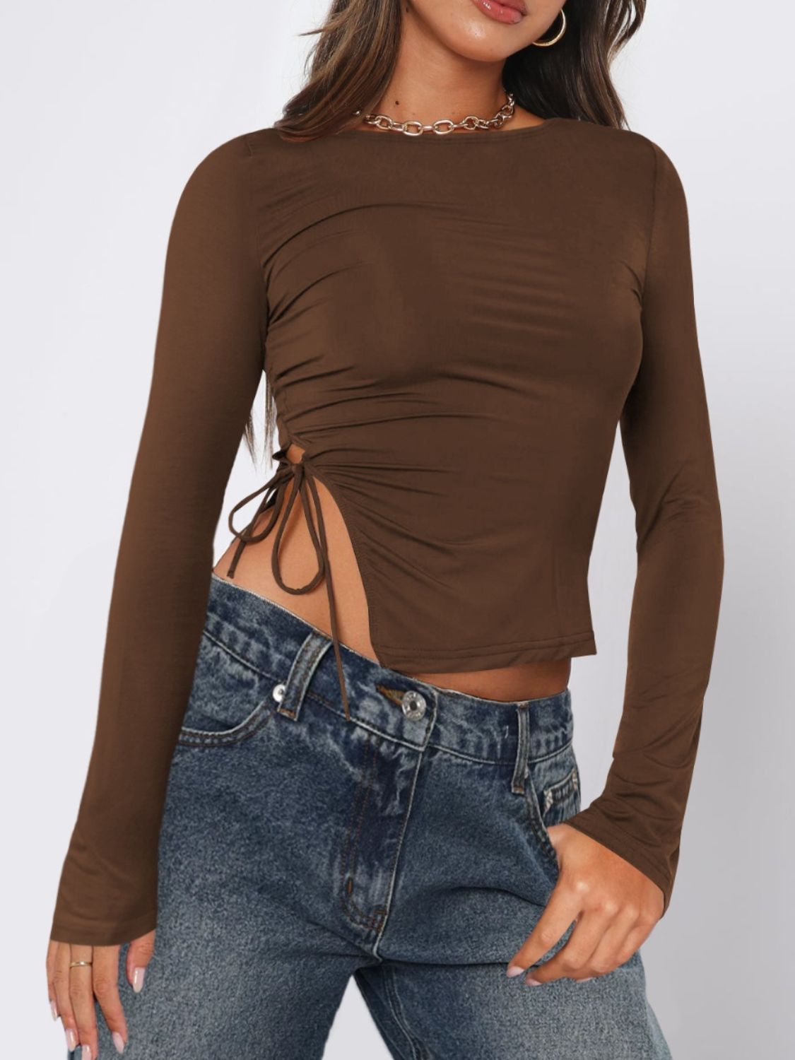 Tied Slit Round Neck Long Sleeve T-Shirt - Siennasass