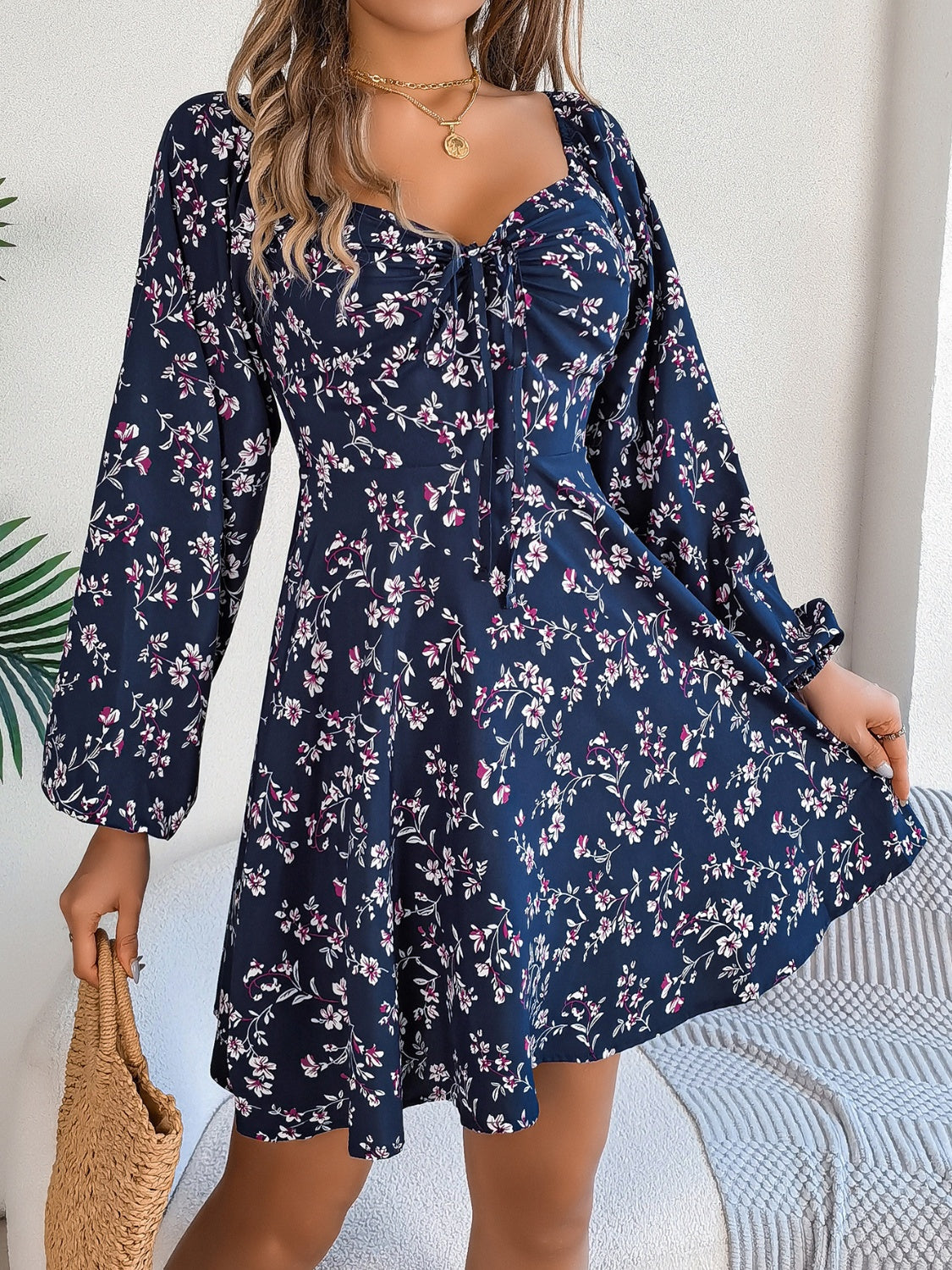 Printed Sweetheart Neck Balloon Sleeve Mini Dress - Siennasass