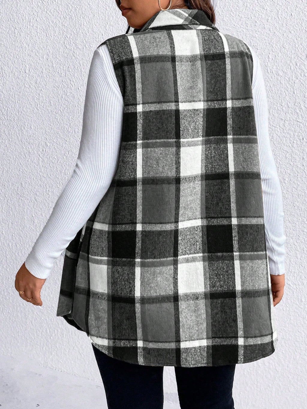 Honey Plus Size Pocketed Plaid Button Up Vest Coat - Siennasass