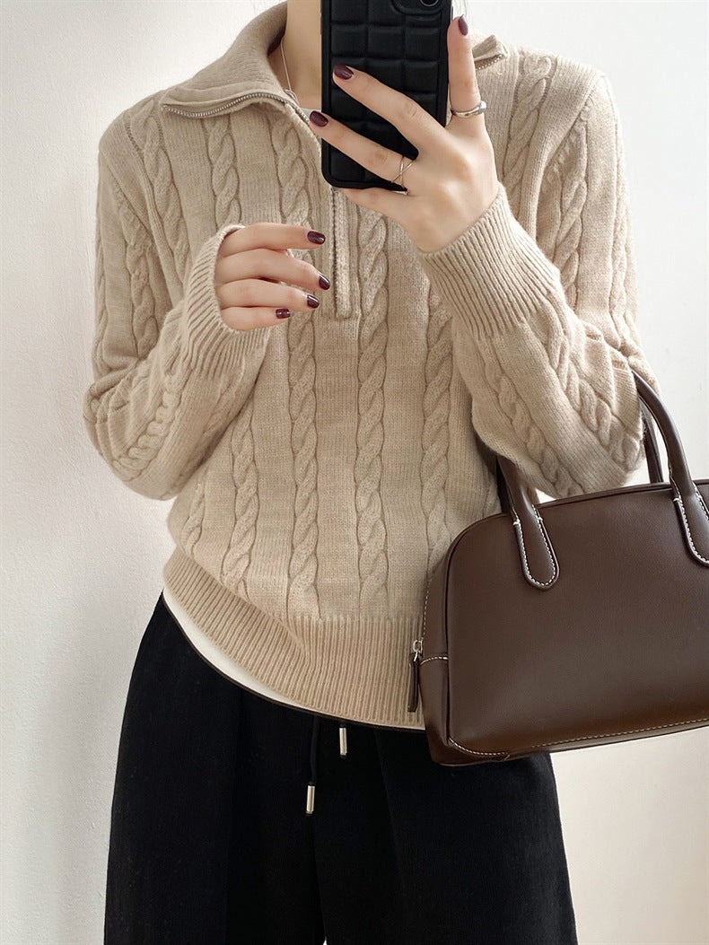 Cable-Knit Half Zip Long Sleeve Sweater - Siennasass