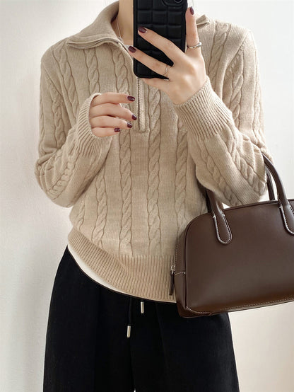 Cable-Knit Half Zip Long Sleeve Sweater - Siennasass