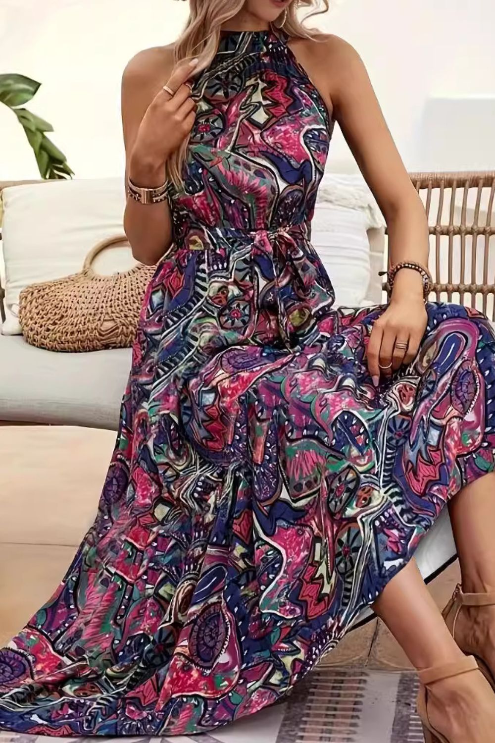 Tied Slit Floral Sleeveless Dress - Siennasass