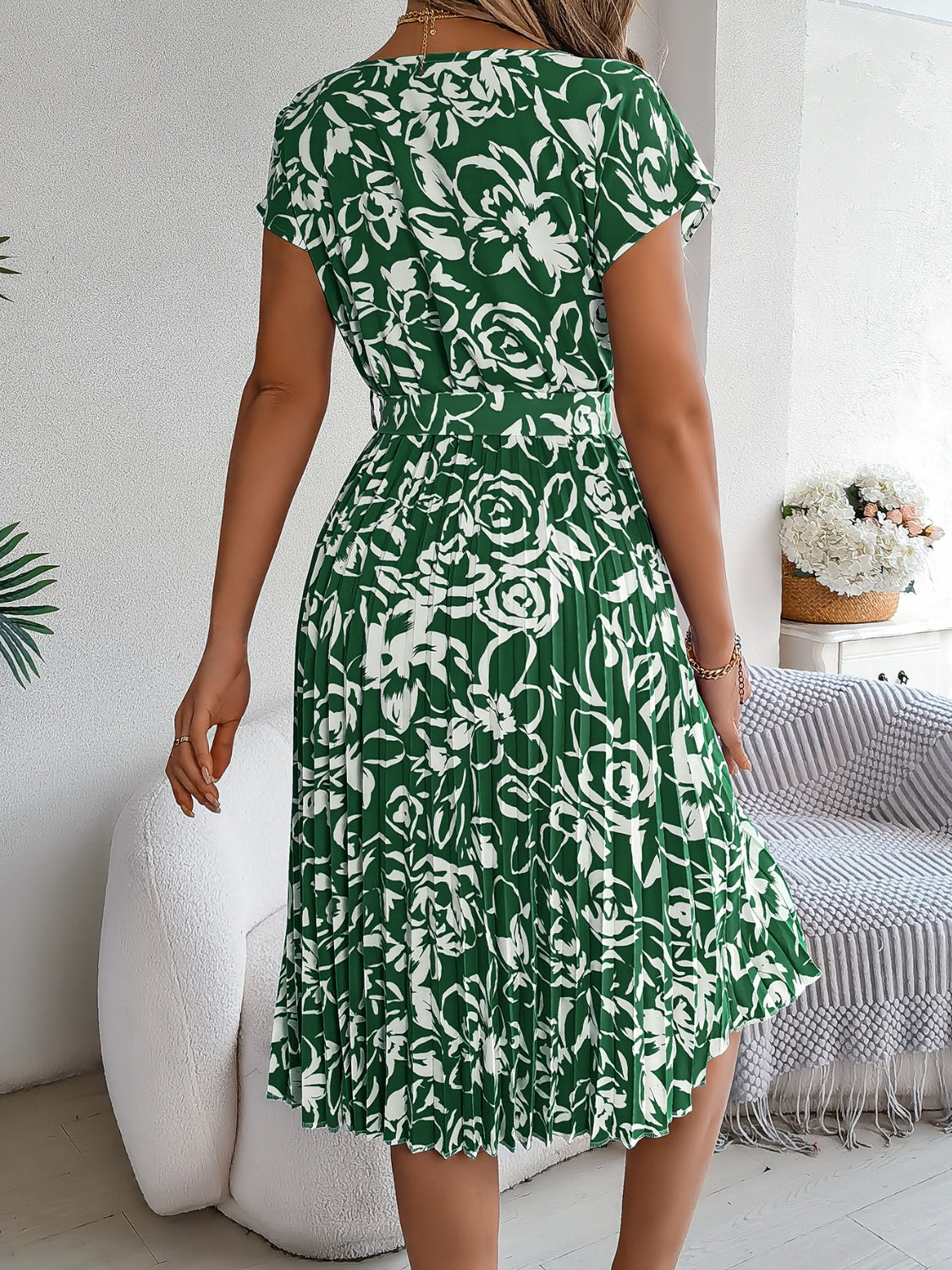 Tied Pleated Printed Short Sleeve Dress - Siennasass