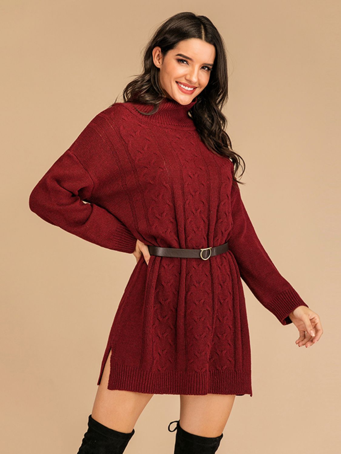Perfee Slit Turtleneck Long Sleeve Mini Sweater Dress - Siennasass