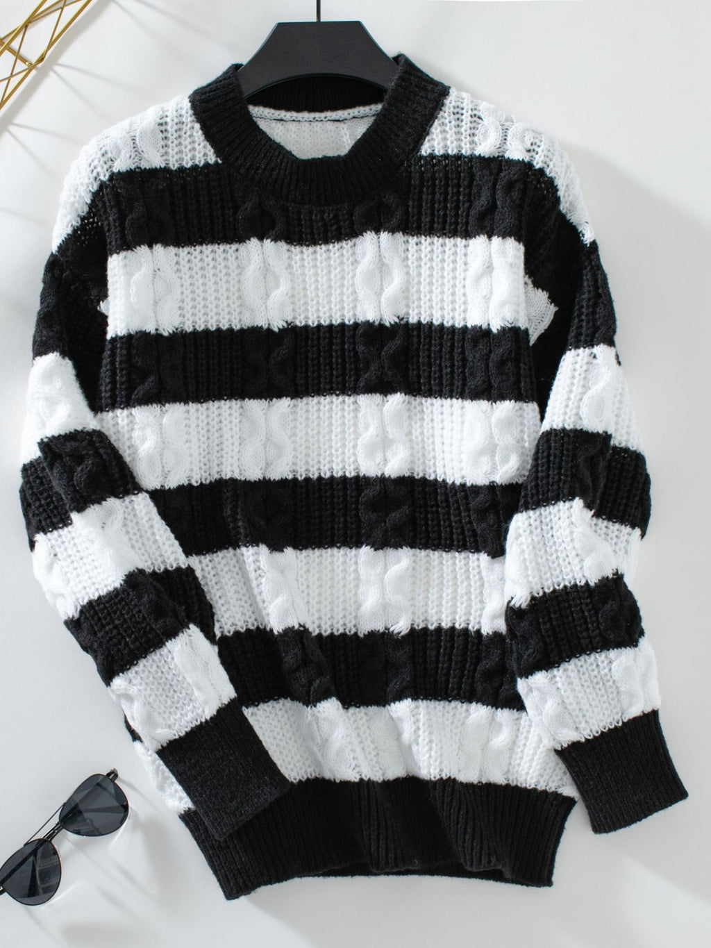 Striped Round Neck Long Sleeve Sweater - Siennasass