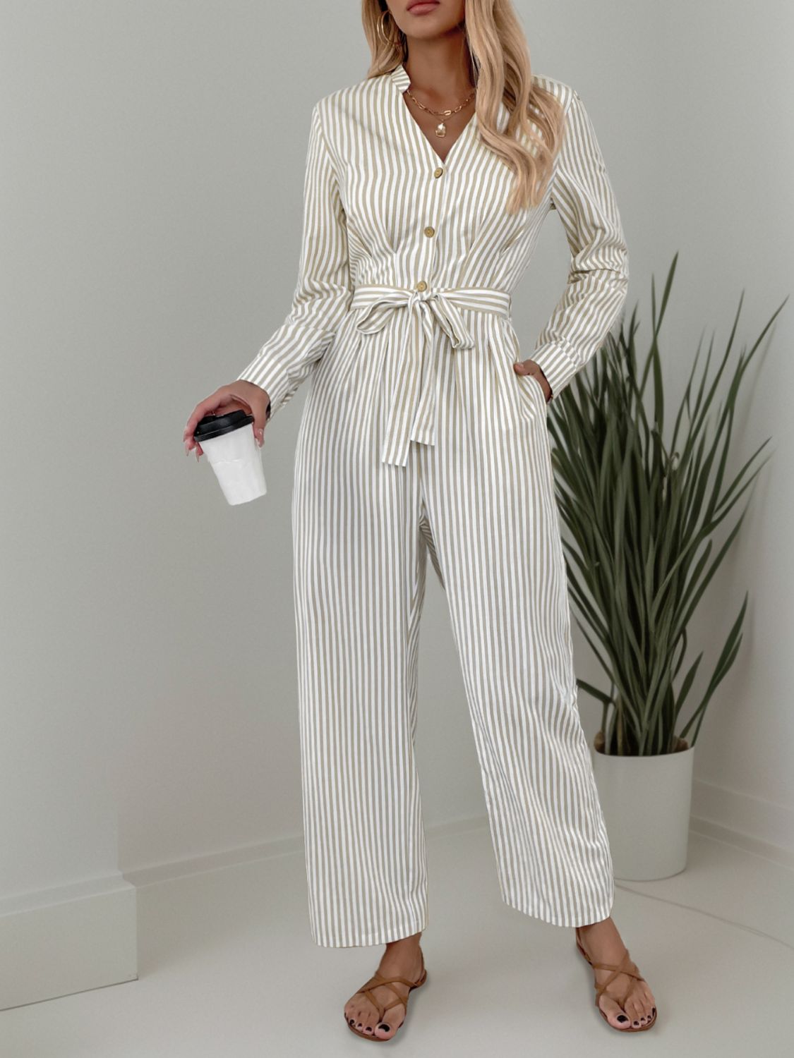 Striped Notched Long Sleeve Tie Waist Jumpsuit - Siennasass