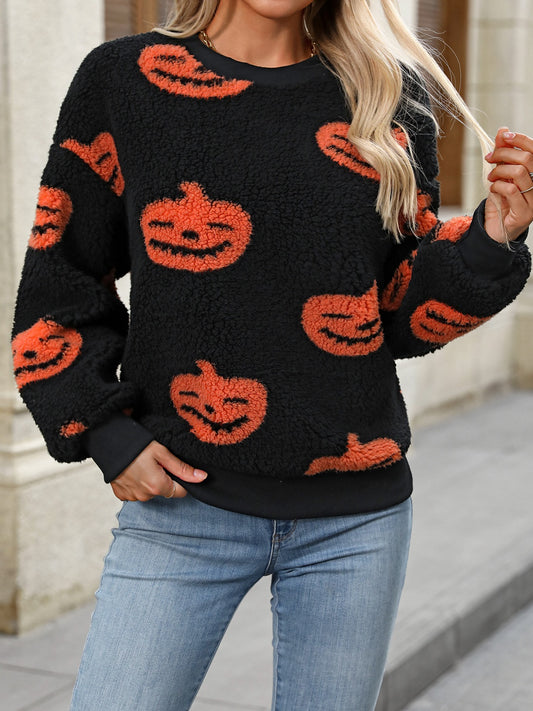 Fuzzy Pumpkin Round Neck Dropped Shoulder Sweater - Siennasass