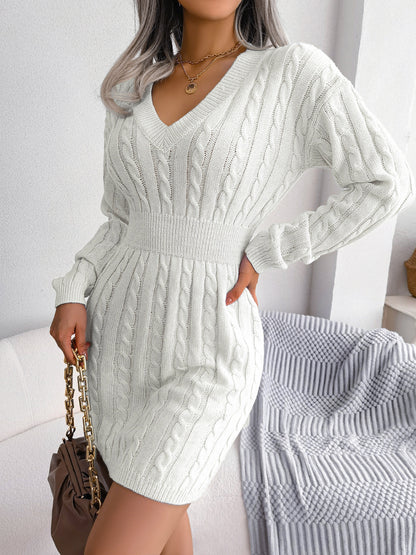 Cable-Knit V-Neck Mini Sweater Dress - Siennasass