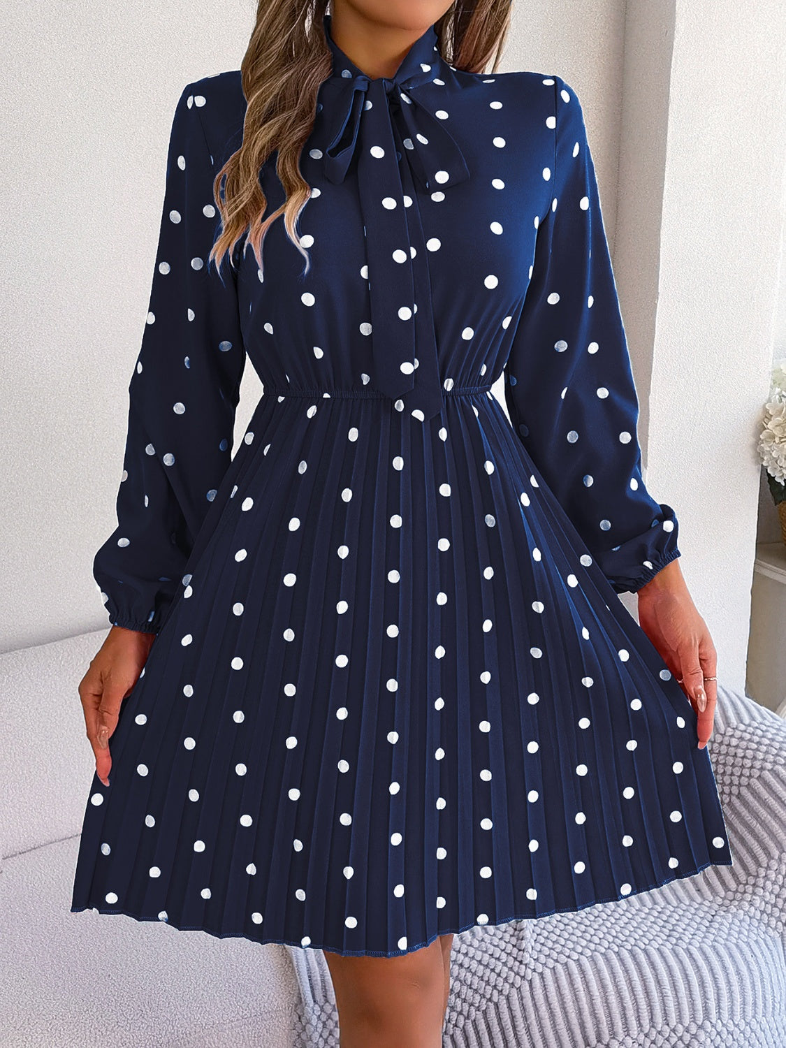 Polka Dot Tie Neck Pleated Dress - Siennasass