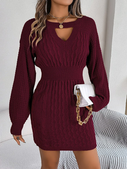 Cable-Knit Cutout Round Neck Slit Sweater Dress - Siennasass