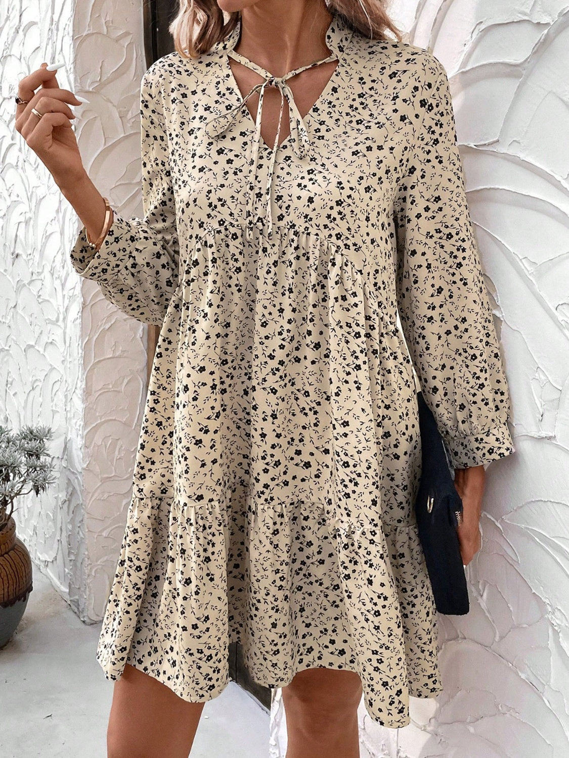 Tied Printed Long Sleeve Mini Dress - Siennasass