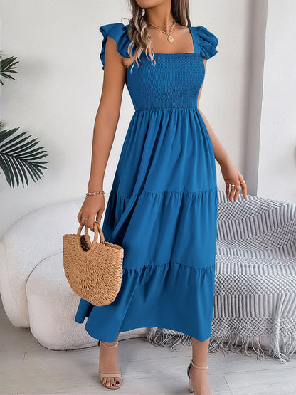 Smocked Square Neck Cap Sleeve Midi Dress - Siennasass