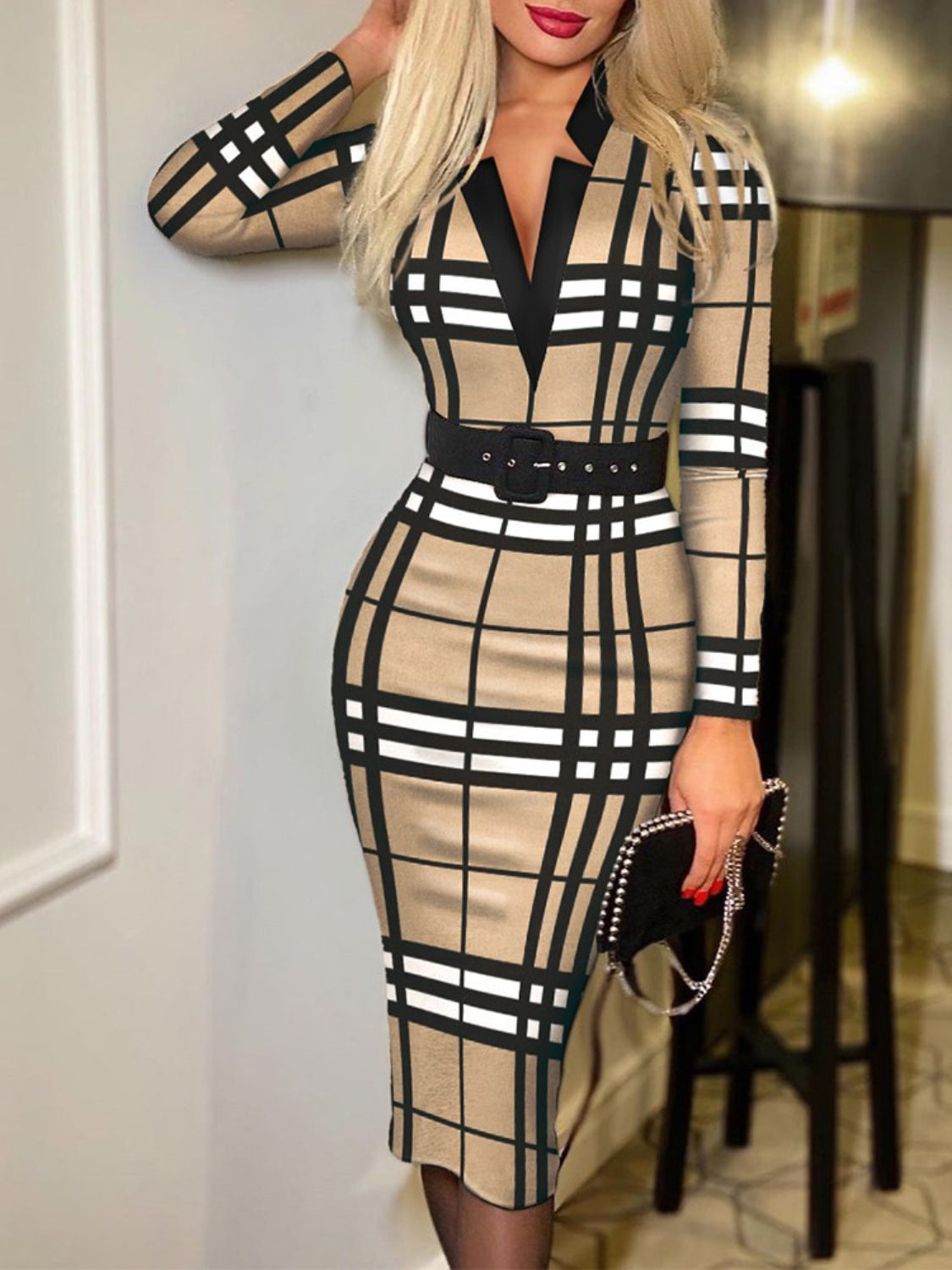 Printed Notched Long Sleeve Wrap Dress - Siennasass