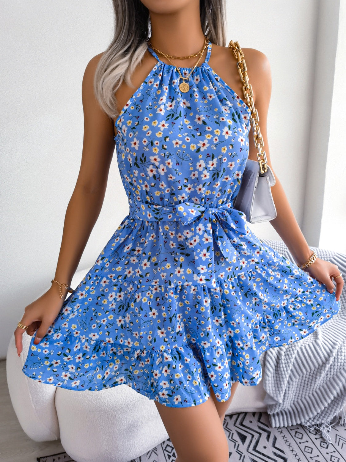 Tied Printed Grecian Neck Mini Dress - Siennasass