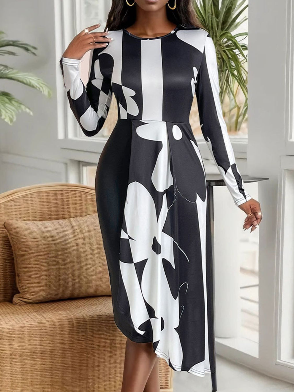 Asymmetrical Slit Round Neck Long Sleeve Midi Dress - Siennasass