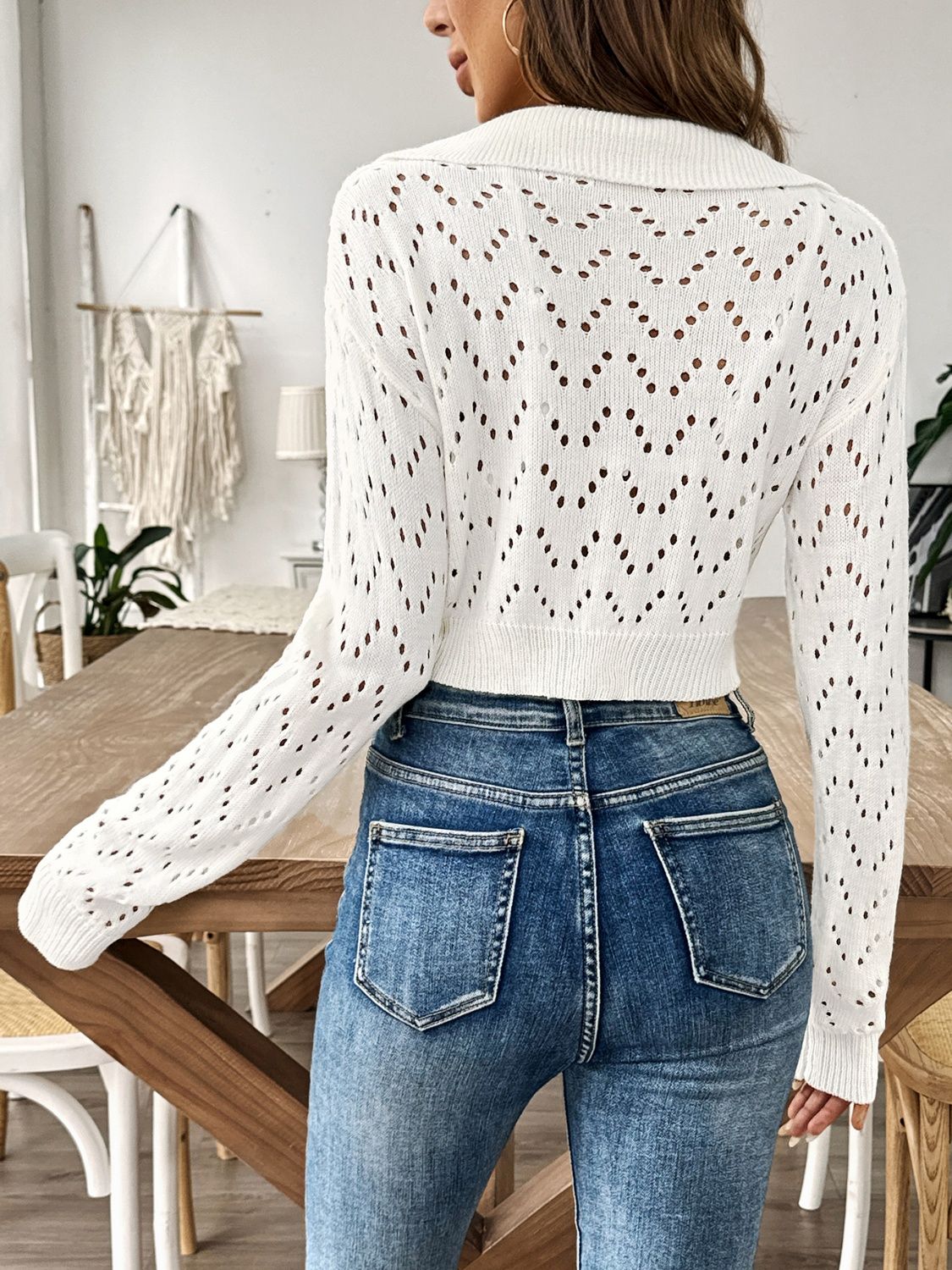 Openwork Collared Neck Long Sleeve Knit Top - Siennasass