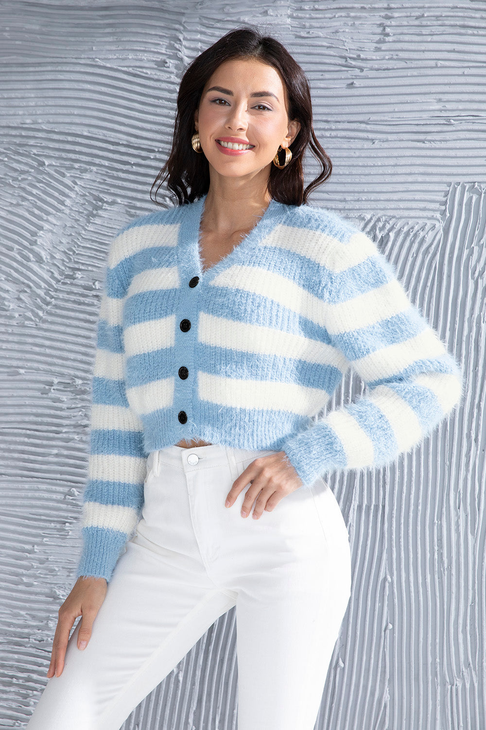 Striped Button Up Cropped Cardigan - Siennasass