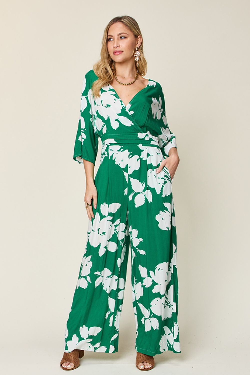 Double Take Full Size Printed Tie Back Wide Leg Jumpsuit - Siennasass