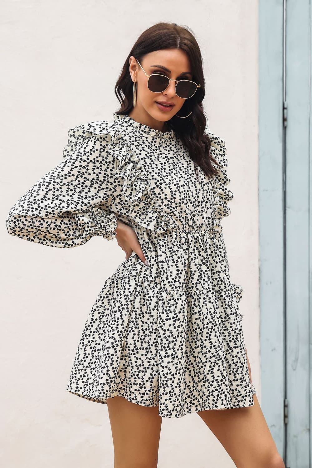 Printed Ruffle Trim Smocked Long Sleeve Mini Dress - Siennasass
