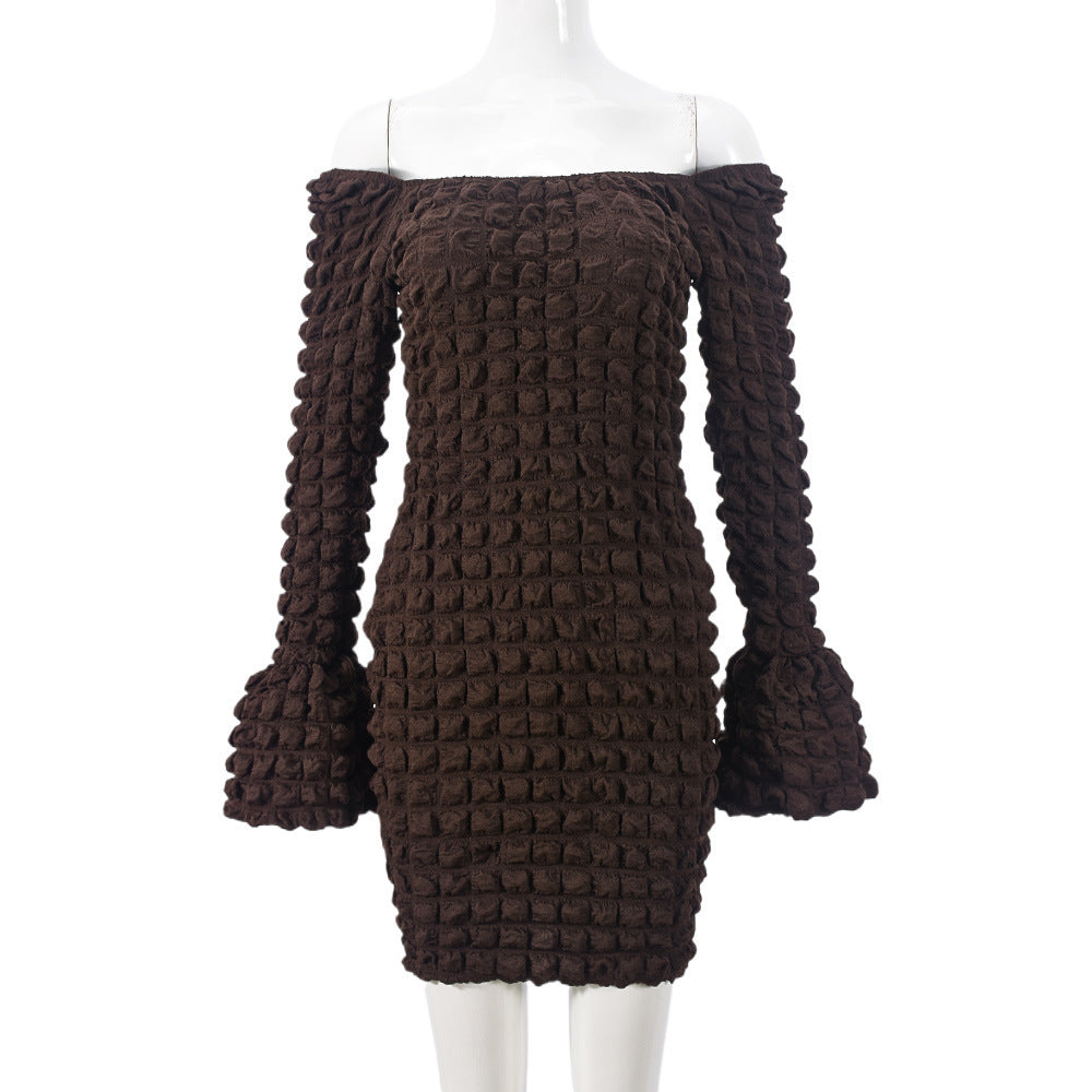 Seersucker Hollow Chest Wrap Flared Long Sleeve Dress - Siennasass