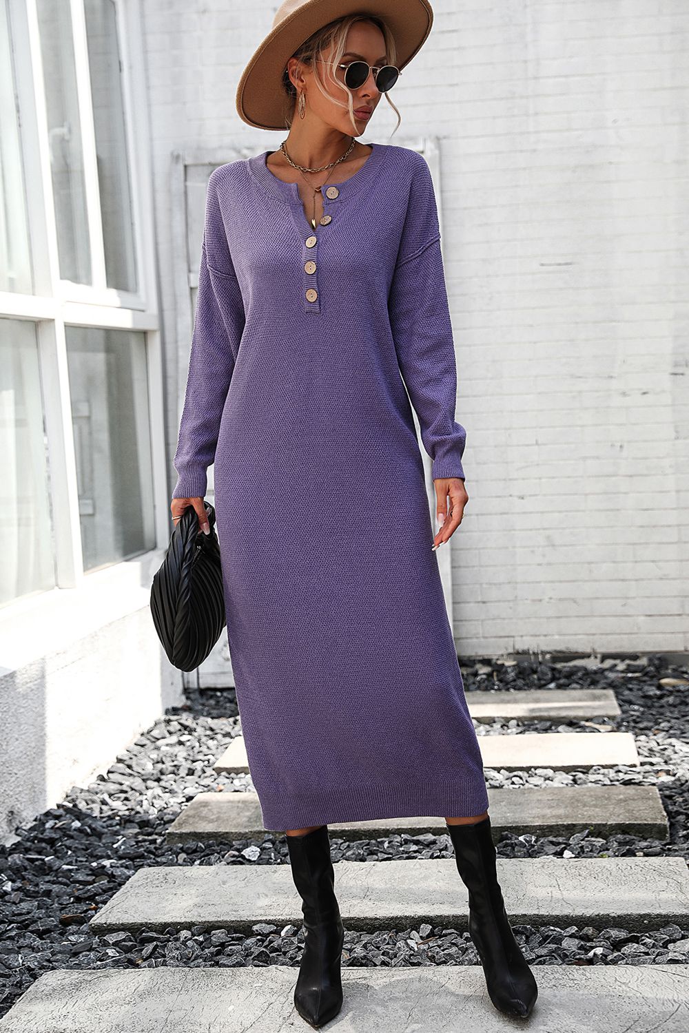 Decorative Button Notched Dropped Shoulder Sweater Dress - Siennasass