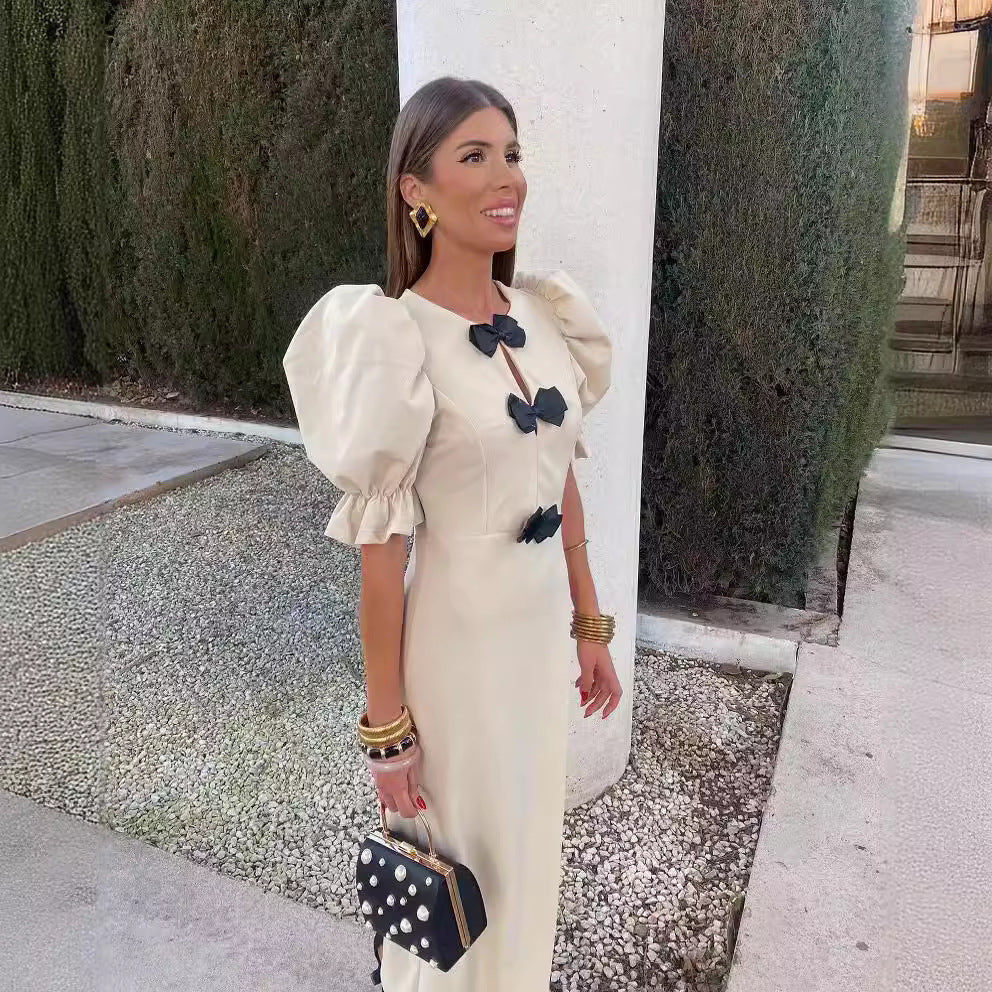 Solid Color Puff Sleeve Bow Dress