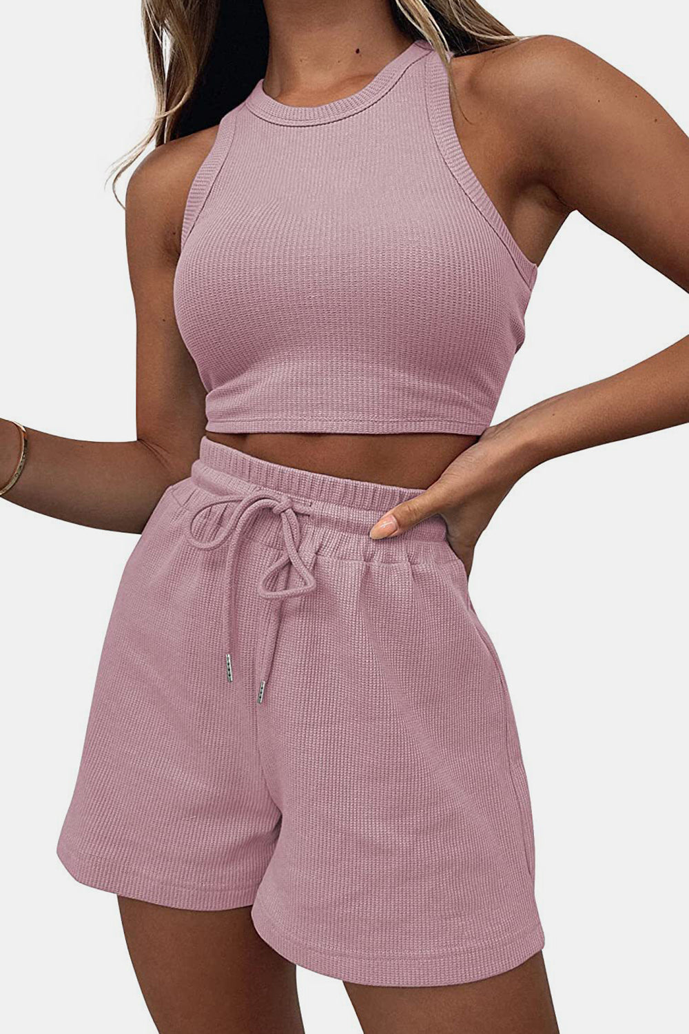 Round Neck Top and Drawstring Shorts Set - Siennasass