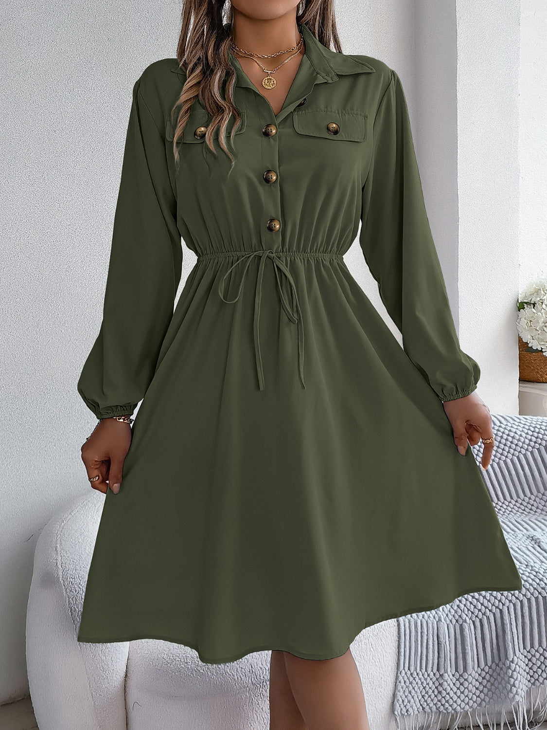Collared Neck Long Sleeve Dress with Pockets - Siennasass