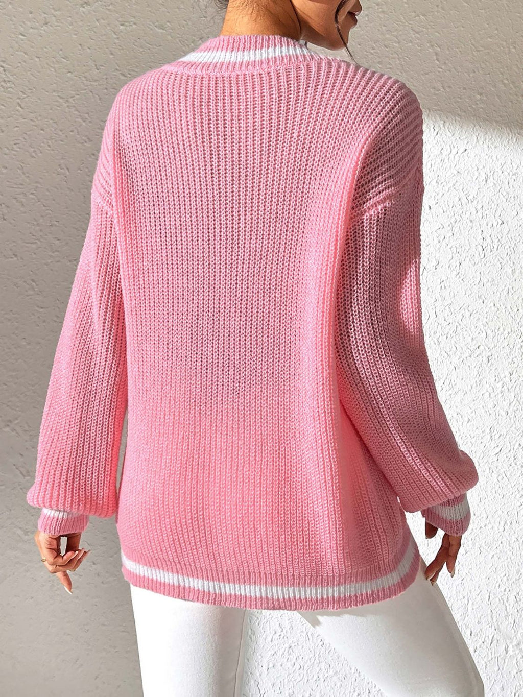 Contrast Trim V-Neck Long Sleeve Sweater - Siennasass