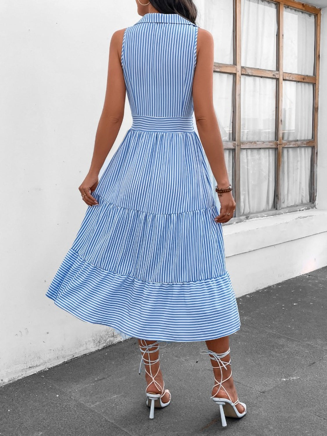 Striped Johnny Collar Sleeveless Midi Dress - Siennasass