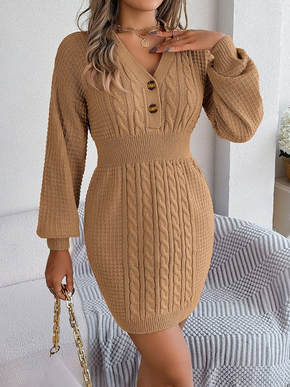Buttoned Cable-Knit V-Neck Sweater Dress - Siennasass