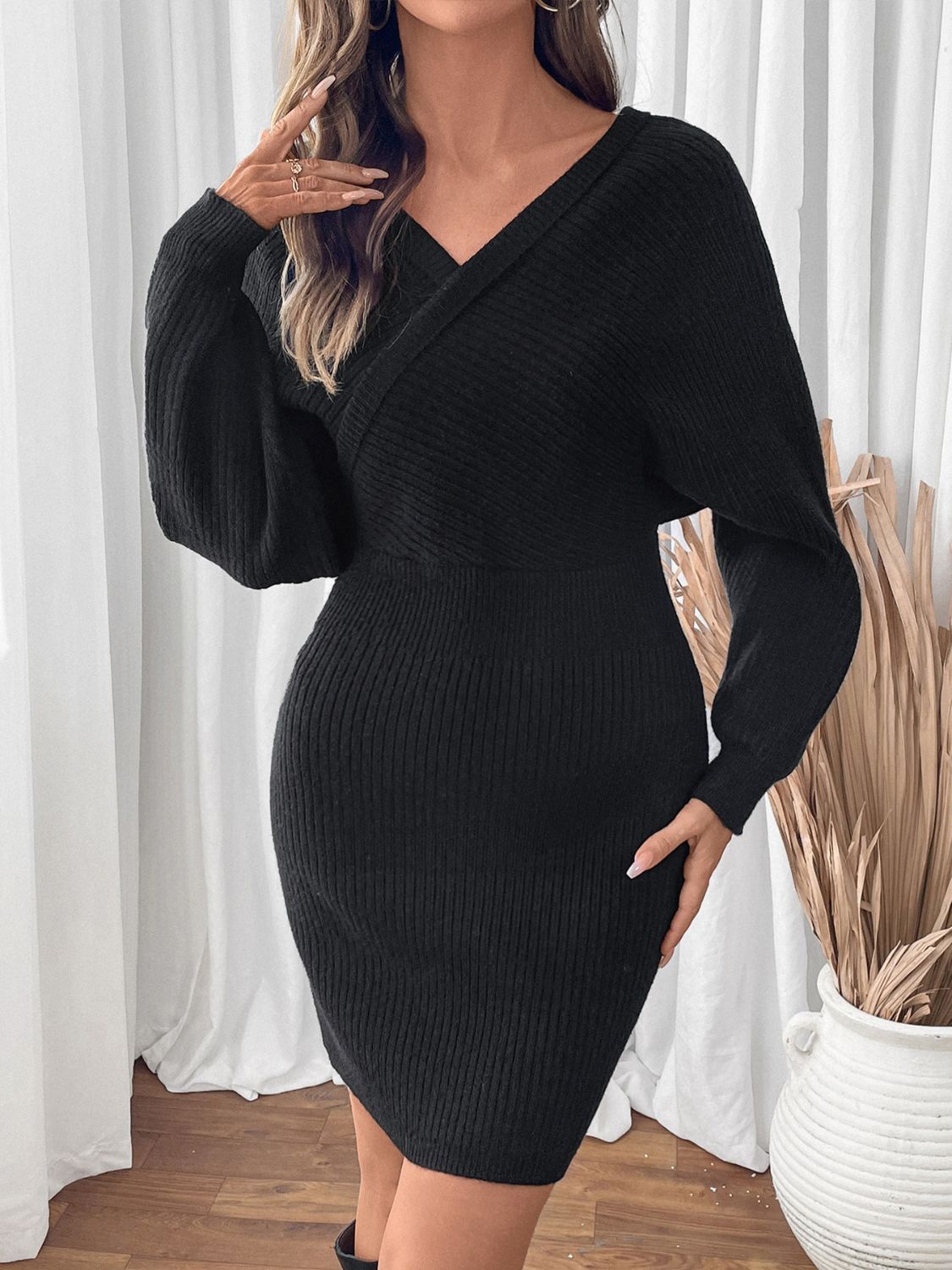 Perfee Surplice Long Sleeve Sweater Dress - Siennasass