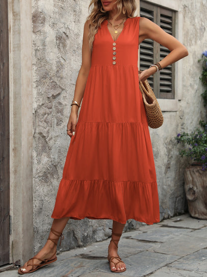 Decorative Button Notched Sleeveless Dress - Siennasass