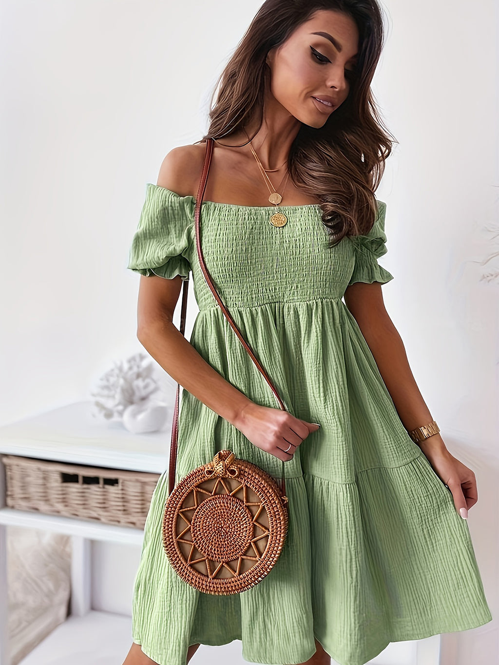 Full Size Ruffled Off-Shoulder Short Sleeve Dress - Siennasass