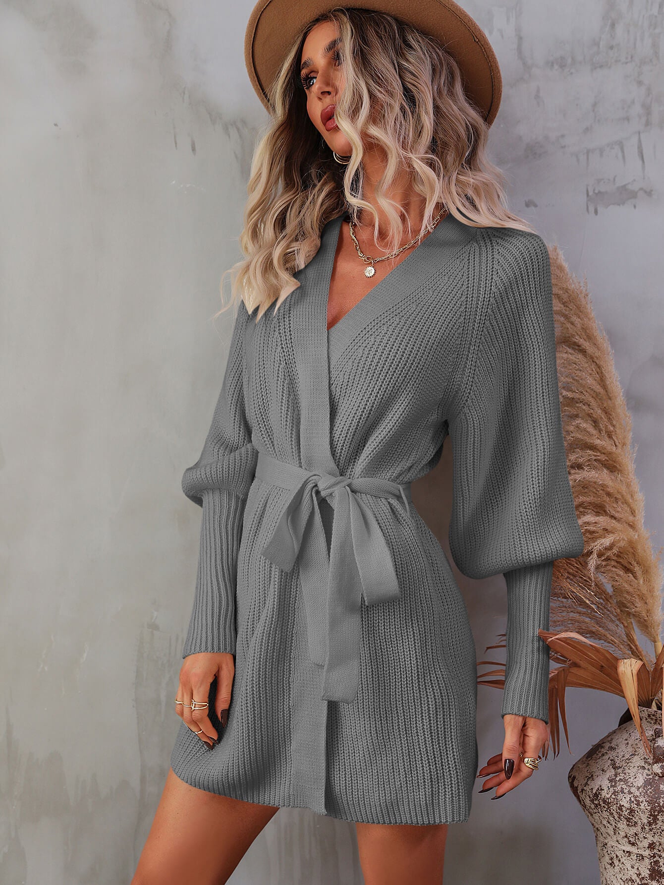 Belted Surplice Lantern Sleeve Wrap Sweater Dress - Siennasass