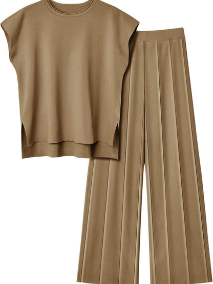 Round Neck Cap Sleeve Top and Pants Knit Set - Siennasass