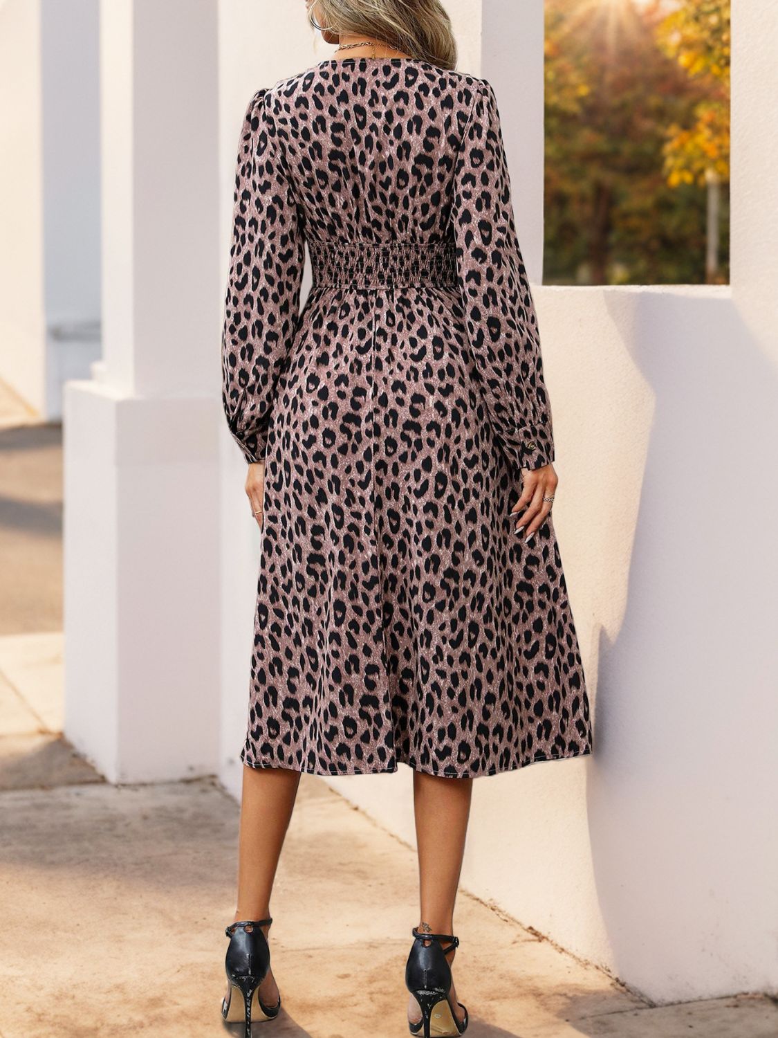 Perfee Leopard Surplice Long Sleeve Midi Dress - Siennasass