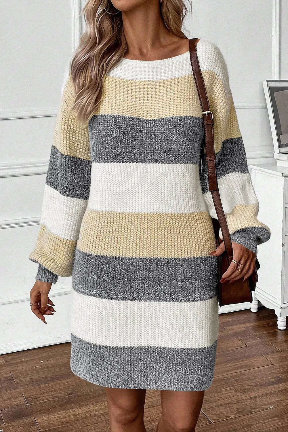 Color Block Boat Neck Long Sleeve Sweater Dress - Siennasass