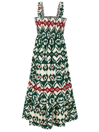 Smocked Printed Square Neck Sleeveless Dress - Siennasass
