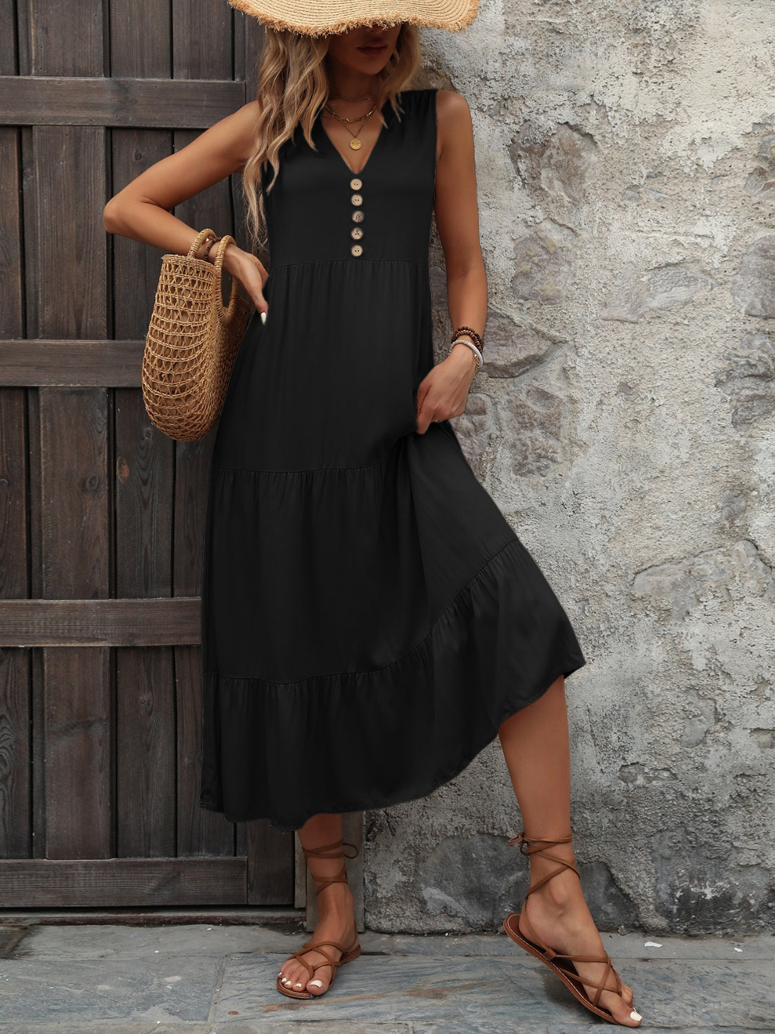 Decorative Button Notched Sleeveless Dress - Siennasass