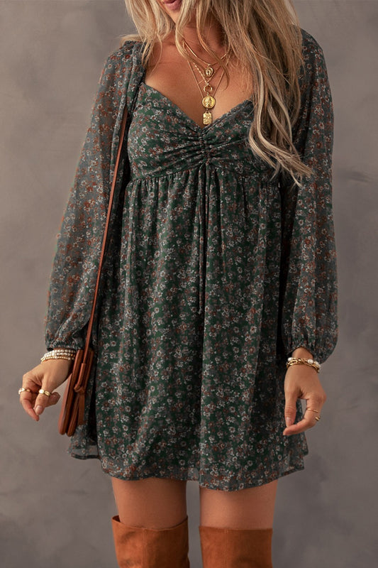 Ruched Printed Long Sleeve Mini Dress - Siennasass
