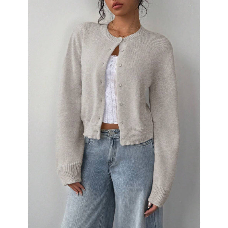 Chic Solid Color Slim Fit Short Cardigan Sweater - Long Sleeve Knit